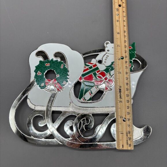 WM A Rogers Christmas Sleigh Trivet Coaster Set Silver Plated Enamel Holiday Lot - Picture 6 of 12